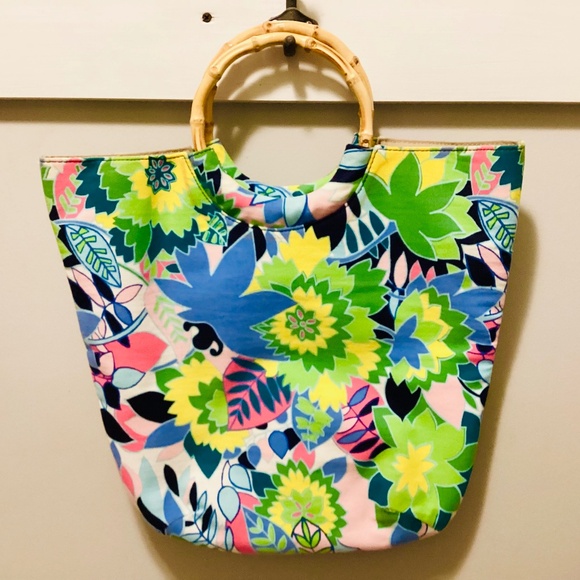 Vintage Talbots Floral Bamboo Top Handle Bag, Talbots Floral Bag, Summer Bag - Picture 1 of 7